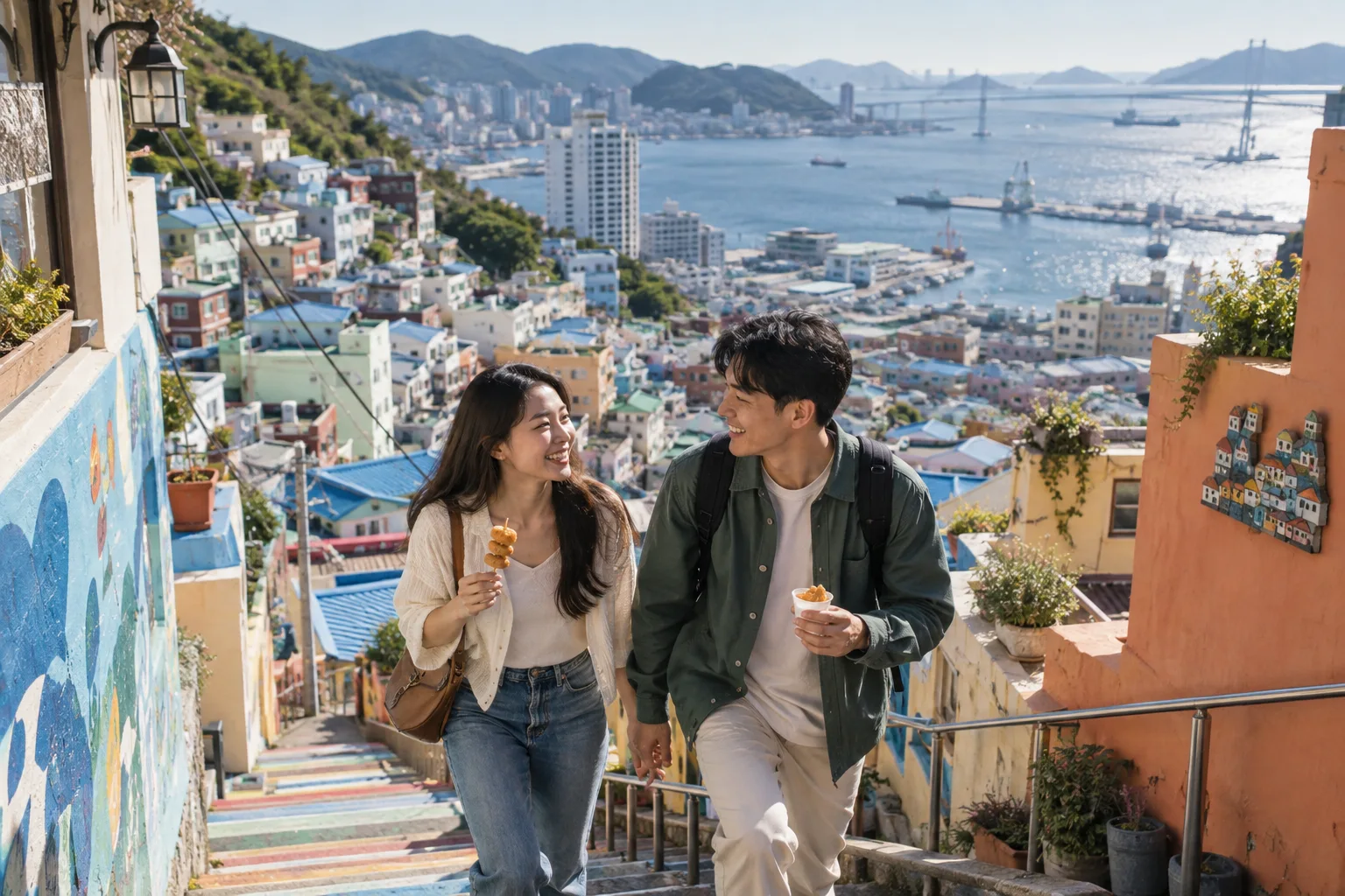 Illustrative image: Travellers exploring a colourful hillside neighbourhood above Busan harbour