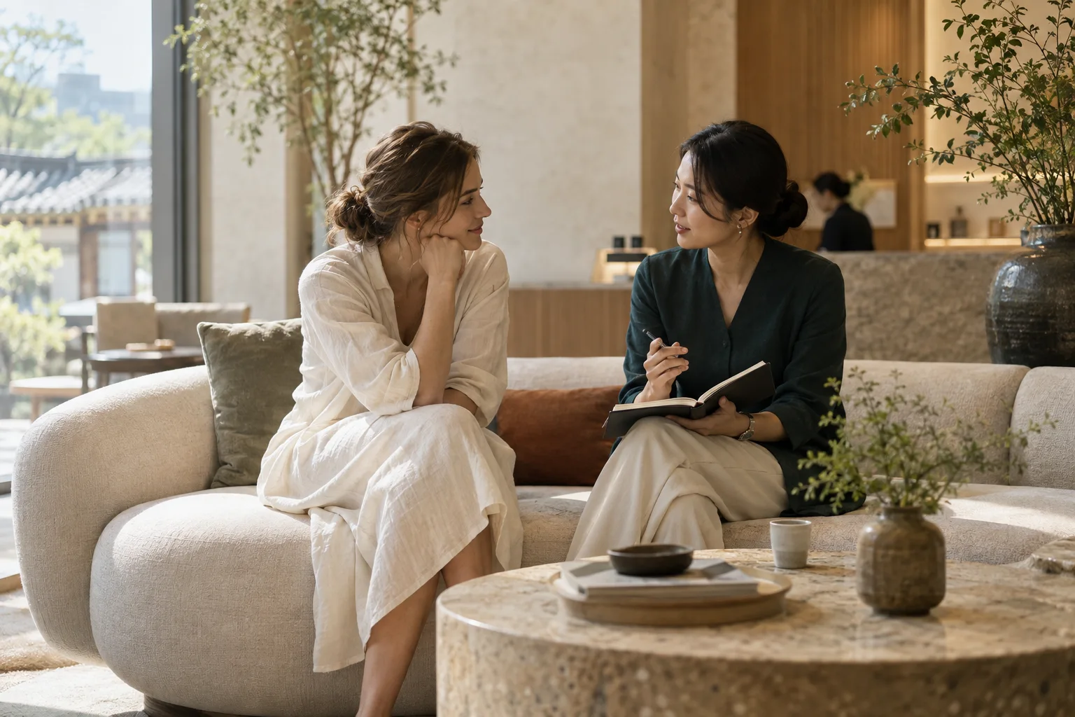 Illustrative image: An interpreter and a visitor talking together in a quiet lounge