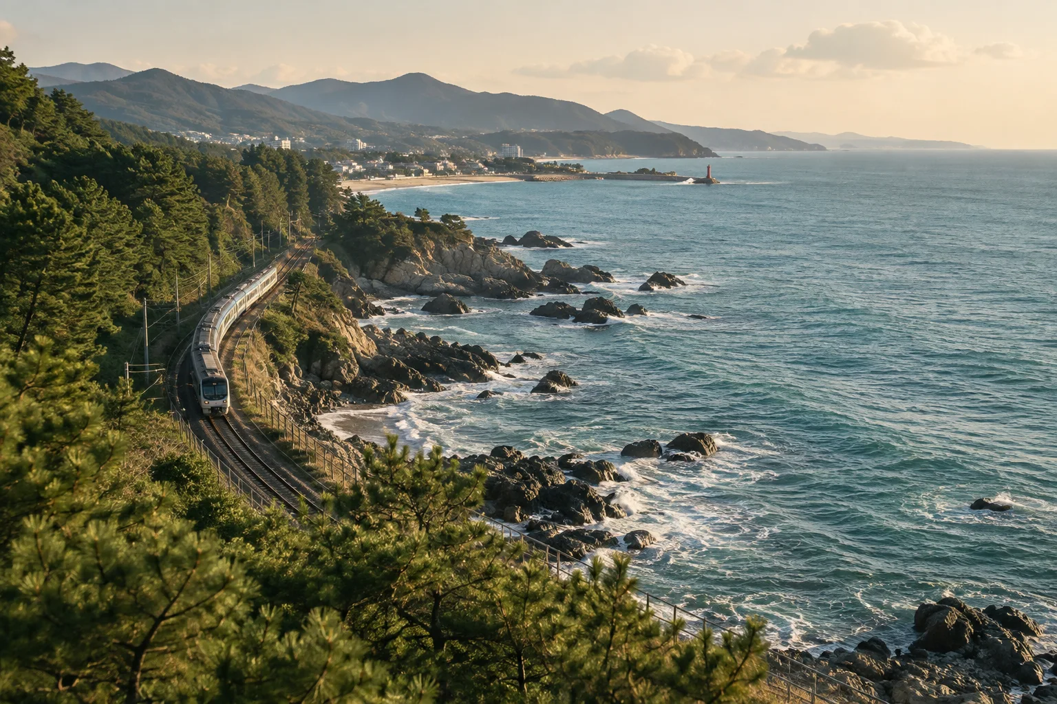 Illustrative image: A coastal train following Korea's pine-lined eastern shore