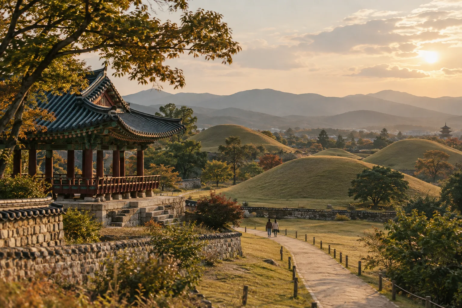 Illustrative image: A pavilion, grassy hills and a walking path inspired by Gyeongju