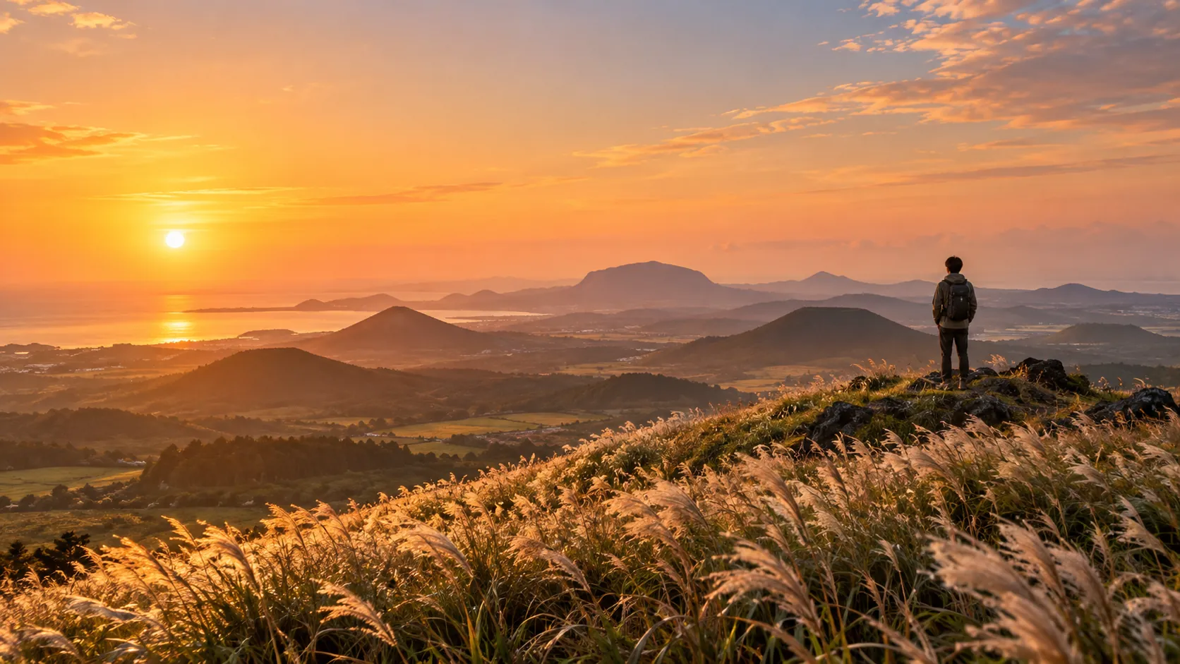 Illustrative image: a traveller on a Jeju volcanic hill at golden hour