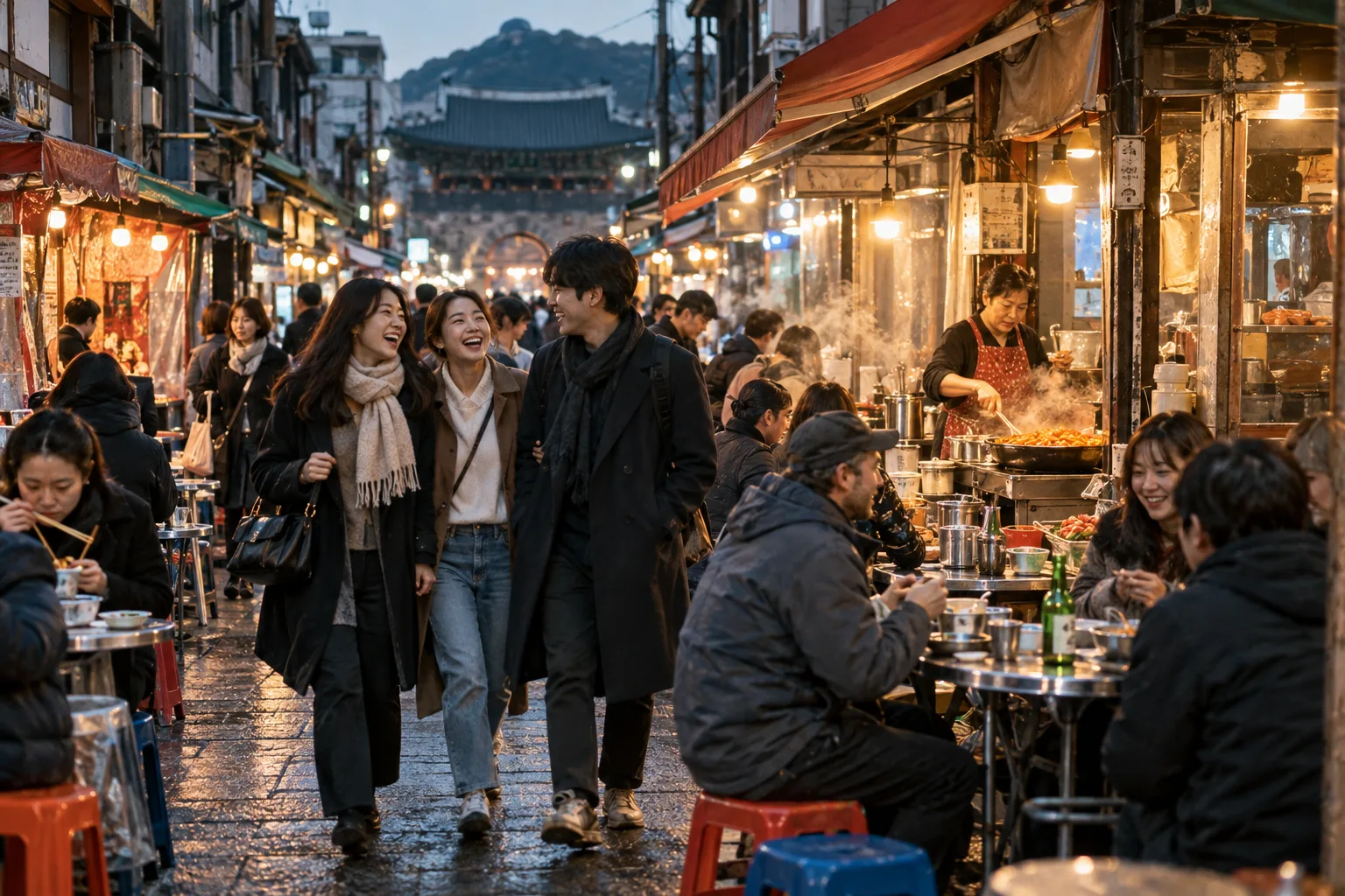 Illustrative image: Friends walking through a lively Korean food alley at dusk