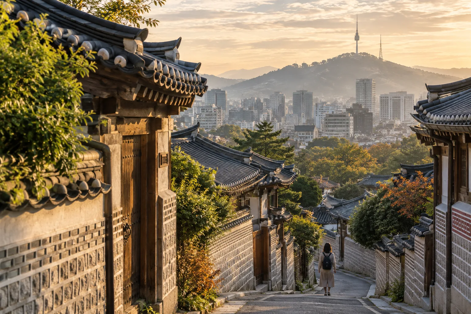 Illustrative image: A traveller walking between hanok roofs above the Seoul skyline