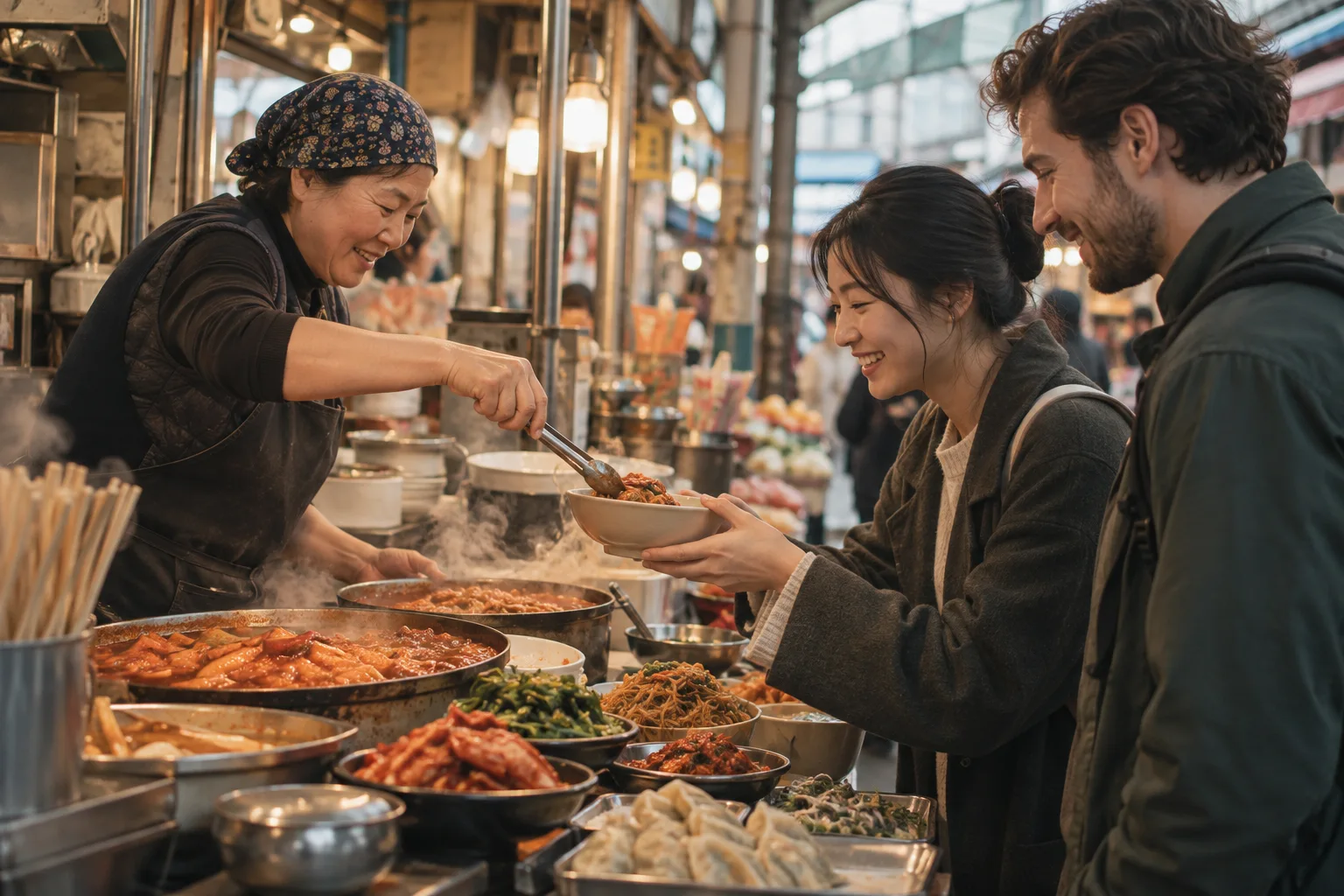 Illustrative image: Travellers sharing a warm moment with a Korean food market vendor